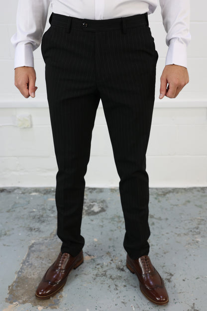 Front view of Suitbae black pinstripe slim tailored fit tapered trousers, featuring a modern design with an elastic waistband for enhanced comfort; sold individually, perfect for formal or smart-casual wear.