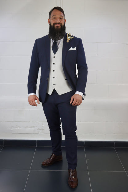 Full-length image of the SUITBAE Charles Navy with Contrast Stone Waistcoat Three Piece Suit — navy blazer and trousers paired with a light stone double-breasted waistcoat, styled with a navy tie and brown brogues — ideal for weddings, races, or formal occasions — available at SUITBAE Blackpool, Barnsley and shpxlxnx.top.