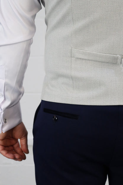 Close-up of the SUITBAE Charles Navy with Contrast Stone Waistcoat Three Piece Suit showing the light stone waistcoat pattern and navy trousers with contrast black trim — perfect wedding and race day tailoring — available at SUITBAE Blackpool, Barnsley and shpxlxnx.top.