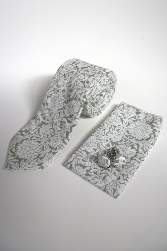 Sage green and white floral tie set with matching pocket square and cufflinks, men’s accessories for weddings, proms and the races