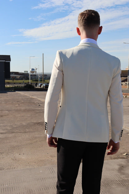 Back view of the SUITBAE Diablo Ivory Tuxedo jacket, showcasing the clean ivory fabric, structured shoulders and slim tailored fit — premium men’s tuxedo for weddings, proms and formal events, available in plus sizes.