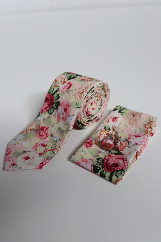 Floral pink cotton tie set with matching pocket square and cufflinks, men’s wedding and prom accessories